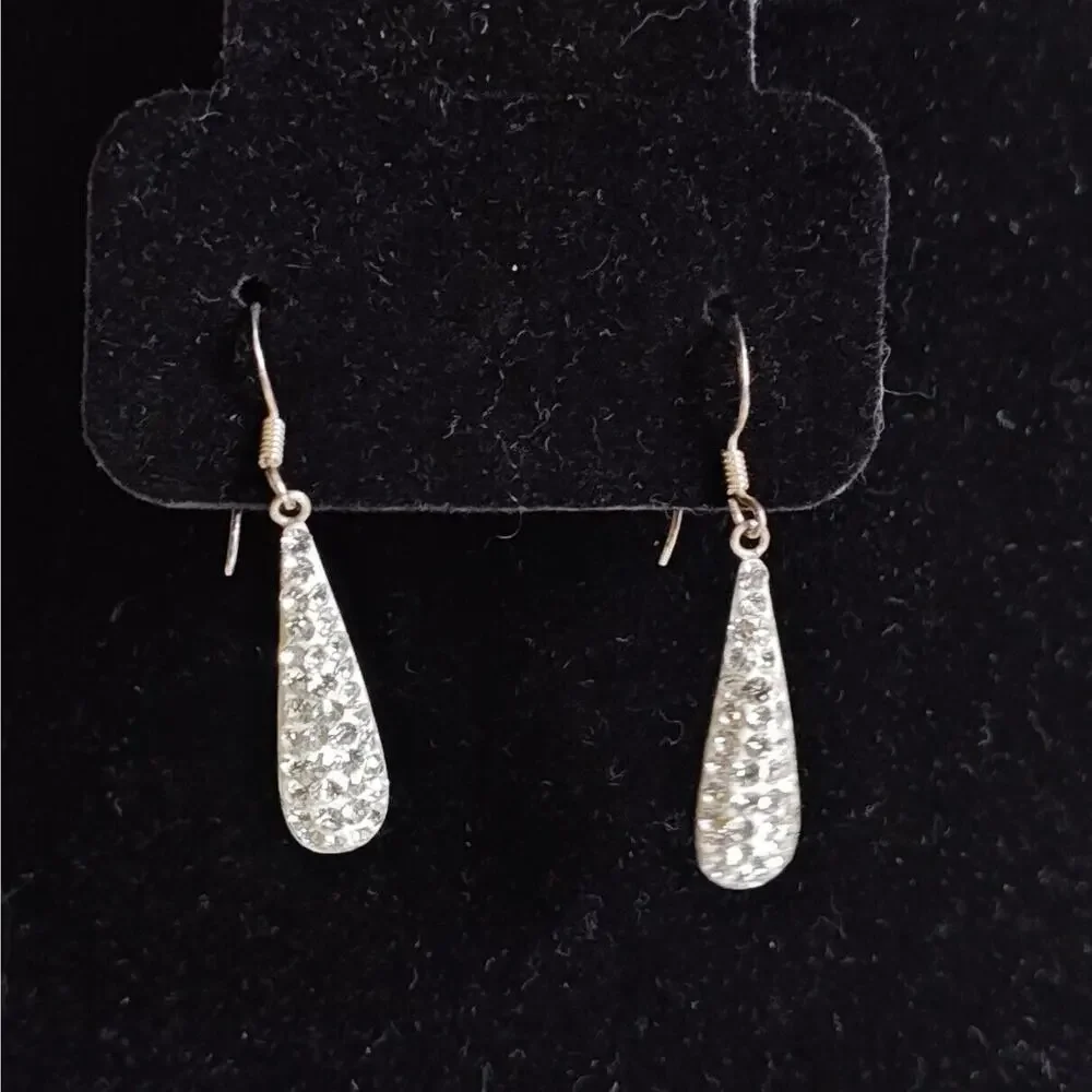VTG Earrings‎ Sterling Silver 925 Crystal Inset Dangle Drop Hook Teardrop